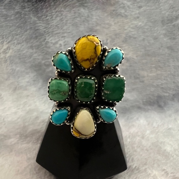 Kingman Mine Jewelry - ❤️ Kingman Honey Dahlia Emerald Valley Turquoise Cluster 925 Navajo Ring Sz8 Adj